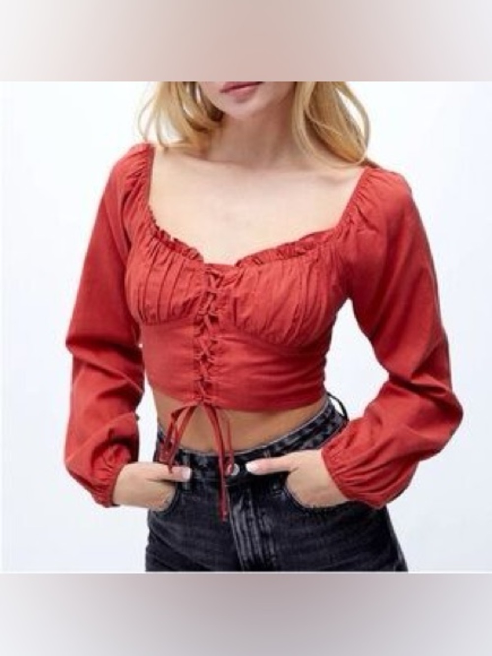 PacSun LA Hearts Rust Red Lace-Up Long Sleeve Crop Top Small - Picture 2 of 12